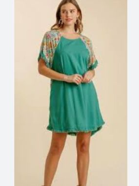 Umgee Short Sleeve Casual Dress with Embroidered Shoulders